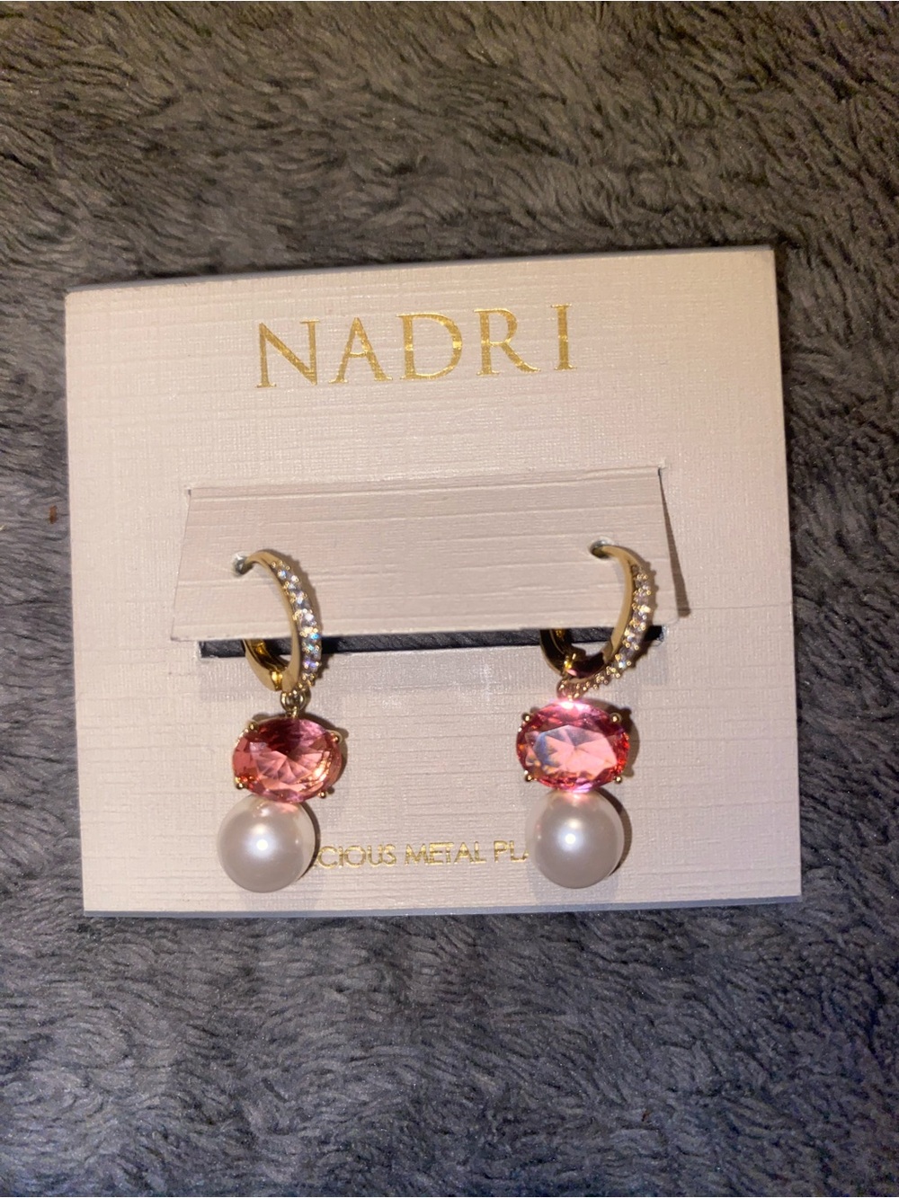 Nadri Gold-Tone Pink Crystal and Pearl Drop Earrings